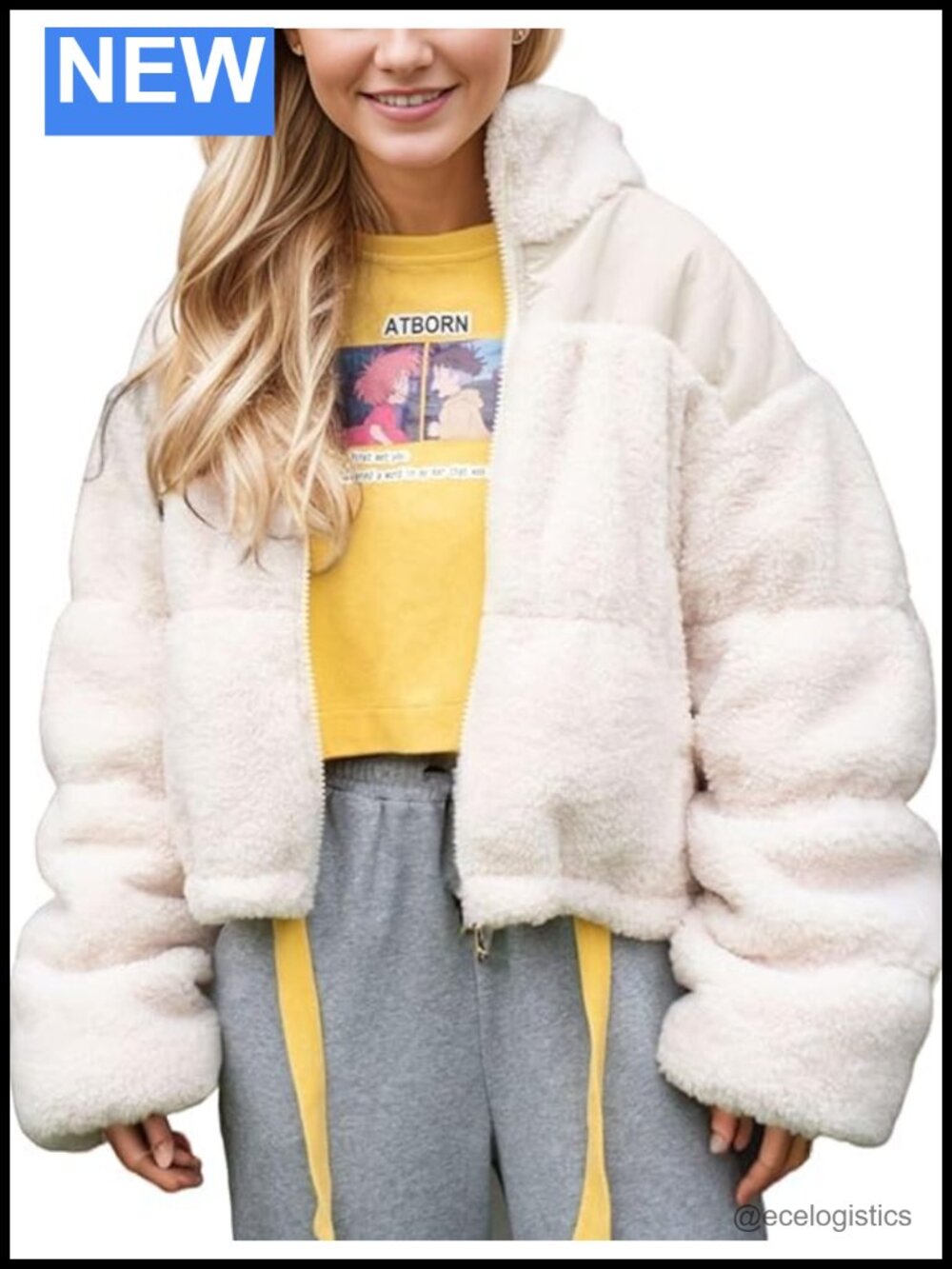 Women's Cropped Teddy Fleece Puffer Jacket Full Zip Winter Coat with Pockets